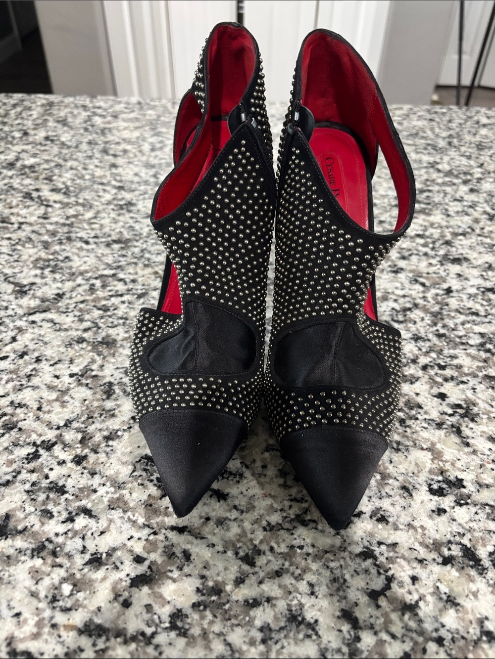 Cesare Paciotti Black Studded Pointed-Toe Heels with Red Lining